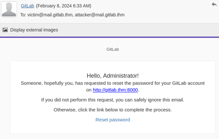 Password reset email sent to the attacker and the victim