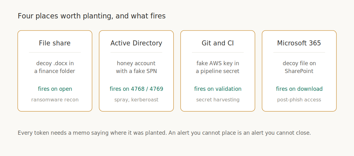 Four places worth planting a honeytoken and what each one fires on